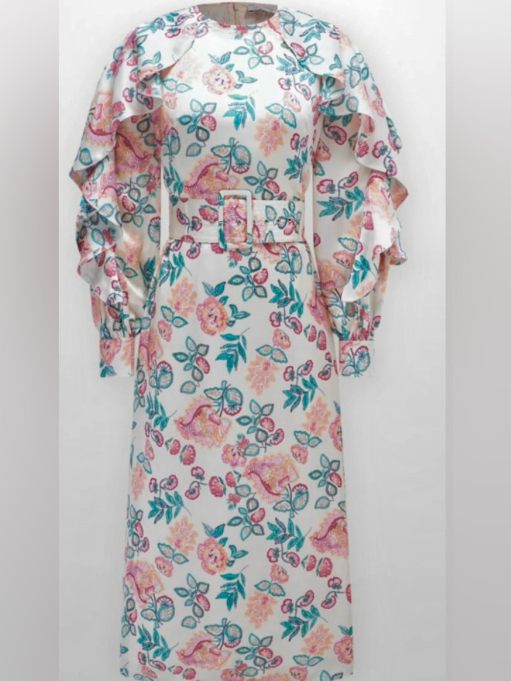 RUFFLE SLEEVE BELTED DRESS-AQUA/PINK FLORAL by MIRAGE: Size 6